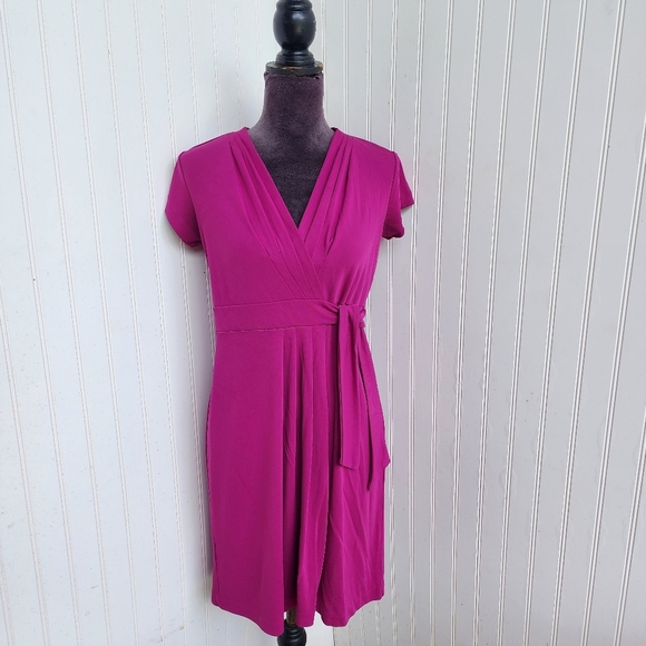 Ann Taylor Pink Purple Wrap Dress Short Sleeve Career Date Stretch Rayon Sz 4P - Picture 1 of 15